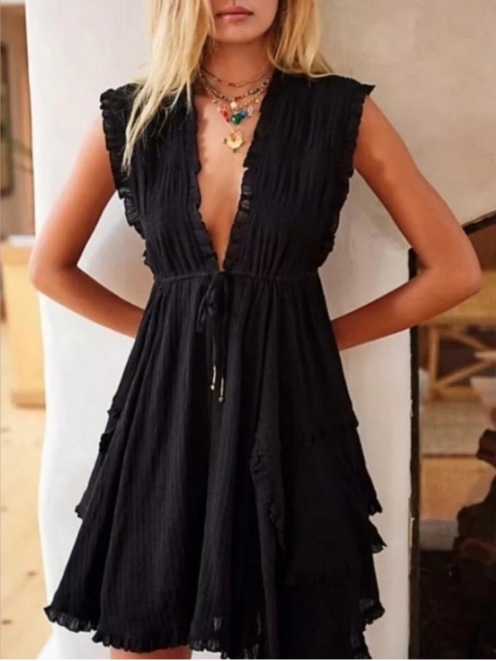 Free People Antoinette Black Deep V-Tie Mini Dress Small NWT